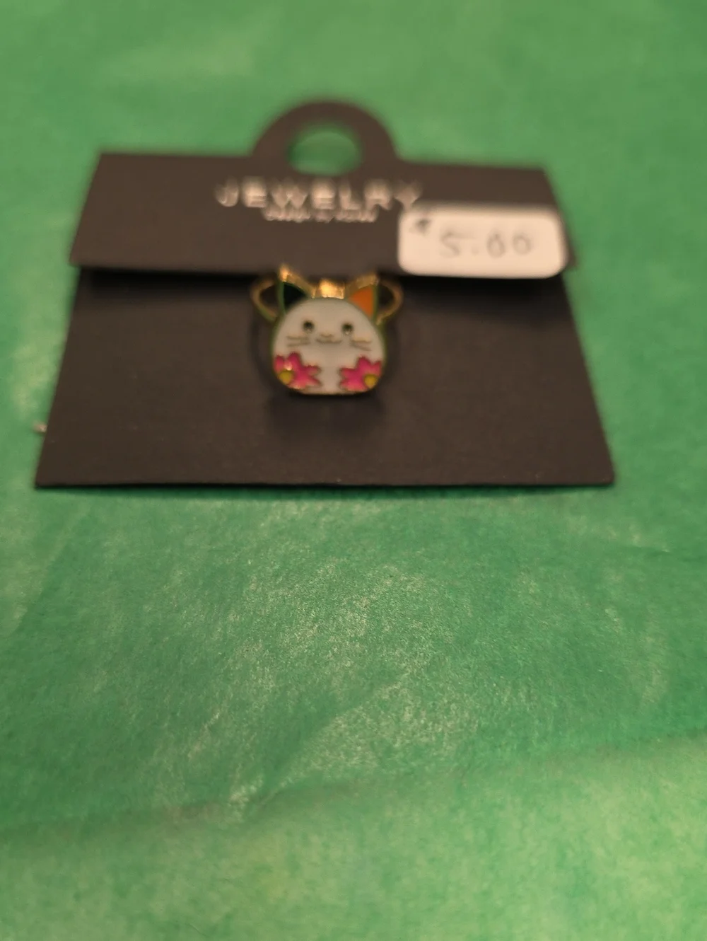 Gold Tone Cat Enamel Ring with Pink Flower Accents